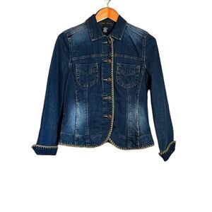 Kikit jeans, jean‎ jacket with embroidery trims. Size small